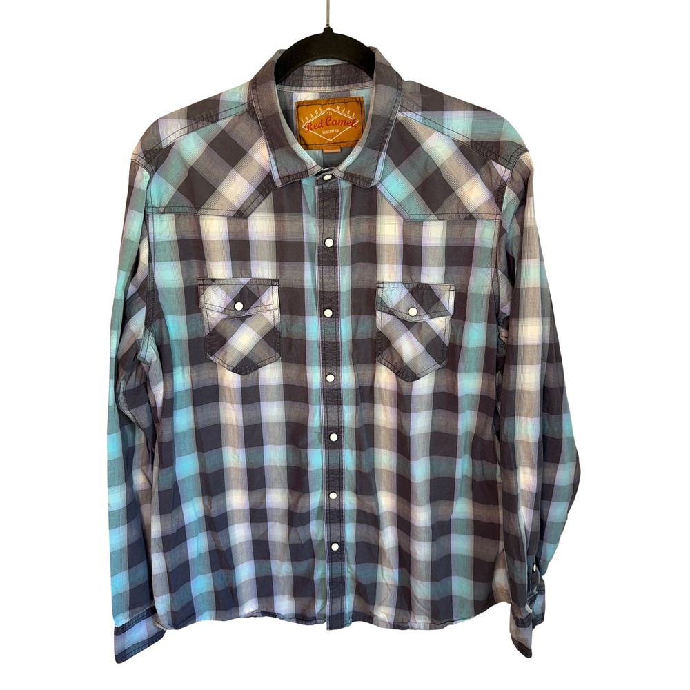 Red Camel Mens XL Western Snap Plaid Shirt Blue Purple Grey Long Sleeve Cotton
